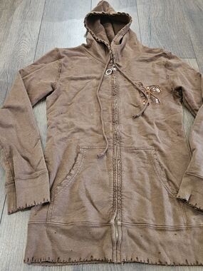 Project E Brown Distressed Long Sleeve Zip Up Hoodie Humming Bird Embroidery